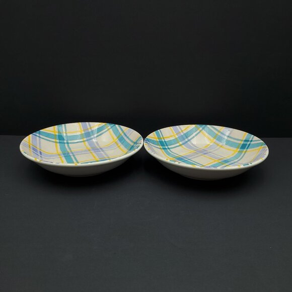 Over and Back Plaid Individual Pasta Bowls Made in Italy Yellow Blue Stripe Bowl - Picture 2 of 8